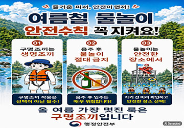여름철 물놀이 안전수칙 꼭 지켜요!

1. 구명조끼는 생명조끼
2. 음주 후 물놀이 절대 금지
3. 물놀이는 안전한 장소에서