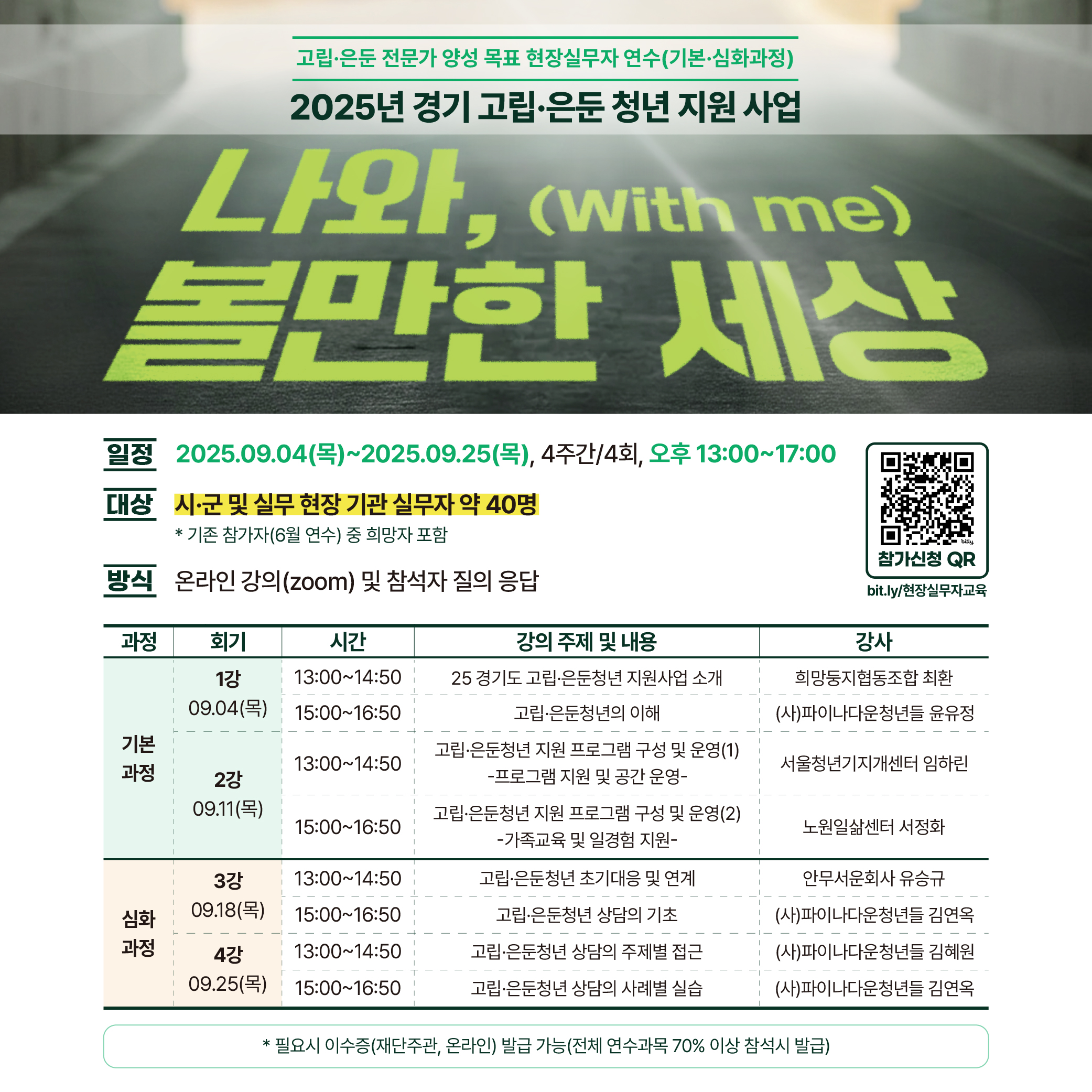 『2025년 경기 고립은둔 청년 지원사업』현장 실무자 연수 교육 신청 안내0