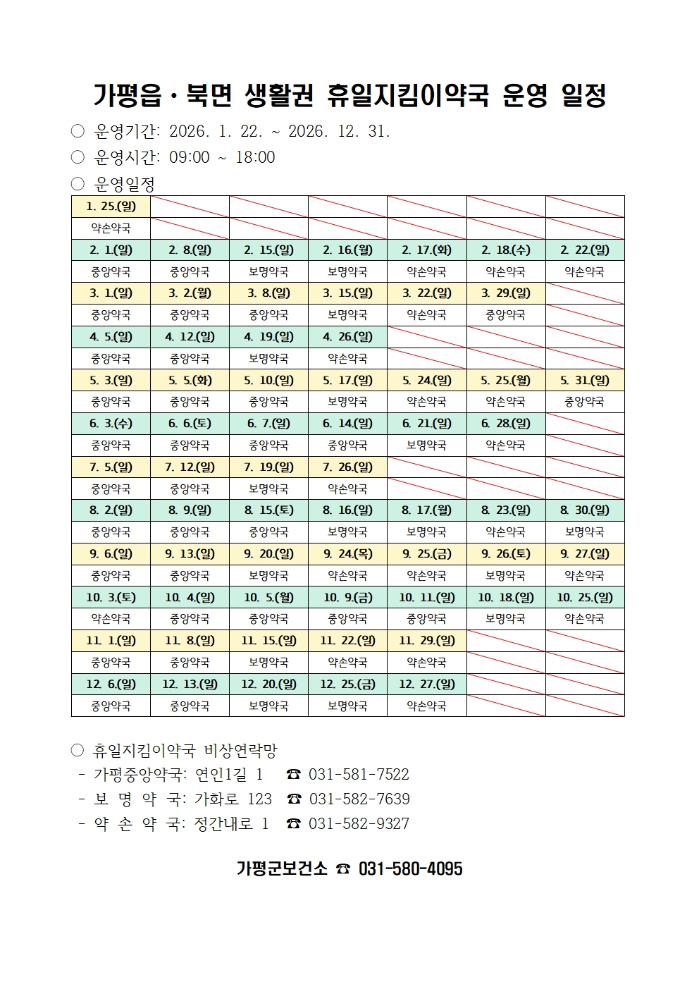 2026년 휴일지킴이약국 운영 일정 안내0