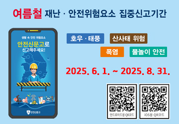 2025. 6. 1. ~ 2025. 8. 31.
재난·안전사고 예방을 위한 안전위험요인은 '안전신문고'로!
참여대상 : 국민 누구나 (외국인 포함)
신고방법 : 안전신문고 앱 또는 포털
