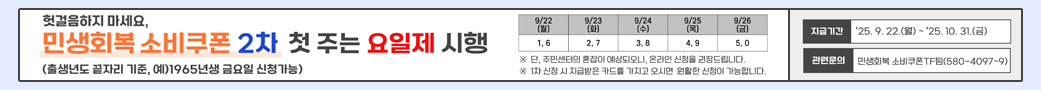 헛걸음하지 마세요,
민생회복 소비쿠폰 2차 첫 주는 요일제 시행
(출생년도 끝자리 기준, 예)1965년생 금요일 신청가능)