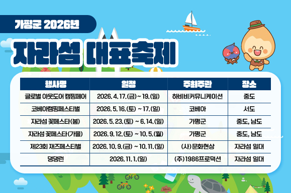 가평군 2026년 자라섬 대표축제
행사명 / 일정 / 주최주관 / 장소
글로벌 아웃도어 캠핑페어 / 2026. 4. 17.(금)~ 19.(일) / 하비비커뮤니케이션 / 중도
코베아캠핑페스티벌 / 2026. 5. 16.(토) ~ 17.(일) / 코베아 / 서도
자라섬 꽃페스타(봄) / 2026. 5. 23.(토) ~ 6. 14.(일) / 가평군 / 중도, 남도
자라섬 꽃페스타(가을) / 2026. 9. 12.(토) ~ 10. 5.(월) / 가평군 / 중도, 남도
제23회 재즈페스티벌 / 2026. 10. 9.(금) ~ 10. 11.(일) / (사)문화현상 / 자라섬 일대
댕댕런 /  2026. 11. 1.(일) / (주)1986프로덕션 / 자라섬 일대